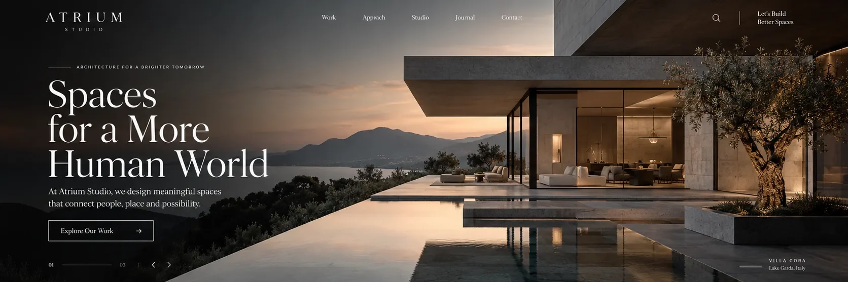 Atrium architecture studio website design with dramatic project photography